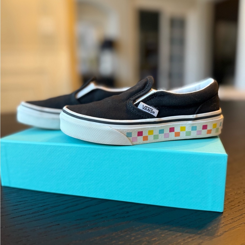 Vans Kids Black Slip-On Shoes with Rainbow Bottom!